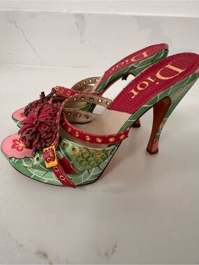 Dior Koi Pink & Green Floral python High Heel Mules 39
